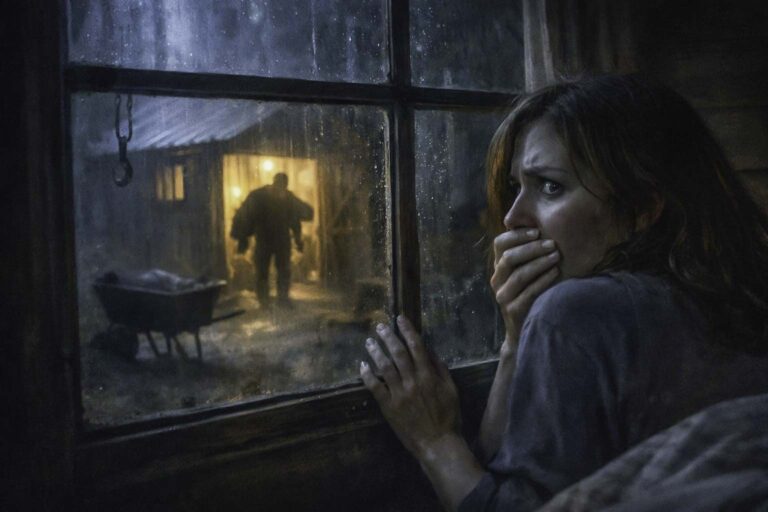Interior nocturno: una mujer observa con miedo a través de una ventana con gotas de lluvia, mano sobre la boca; al otro lado, un cobertizo iluminado muestra la silueta de un hombre en la puerta y una carretilla con un bulto cubierto, creando una atmósfera tensa y ominosa.