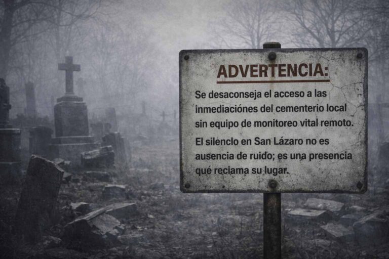 La última fecha 2 Imagen atmosférica de un cementerio antiguo envuelto en una densa niebla, con un cartel de madera en primer plano que muestra una advertencia inquietante sobre el silencio sobrenatural en San Lázaro del Monte