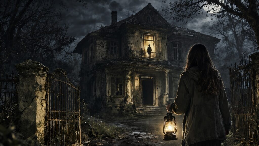 Casa encantada en la oscuridad con mujer sosteniendo una linterna y figura en la ventana, escena de terror psicológico