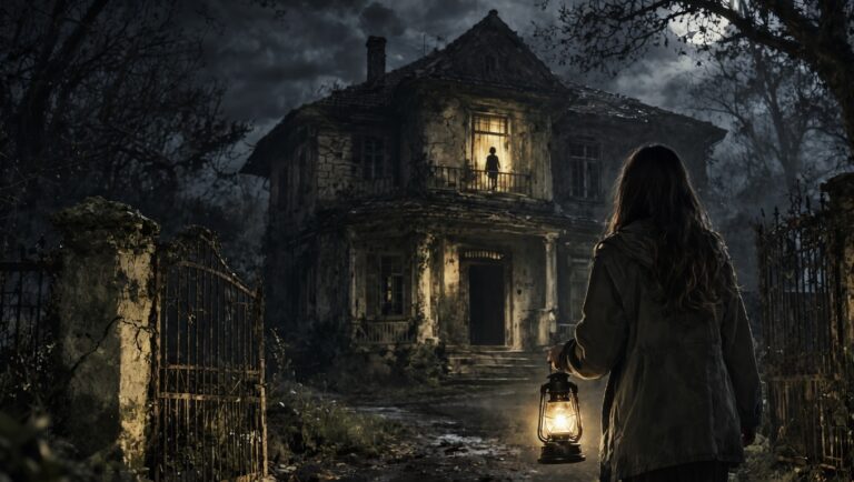 Casa encantada en la oscuridad con mujer sosteniendo una linterna y figura en la ventana, escena de terror psicológico