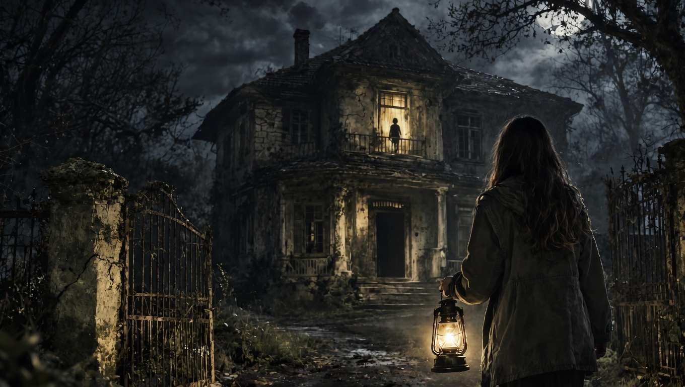 La casa del aire quieto 1 Casa encantada en la oscuridad con mujer sosteniendo una linterna y figura en la ventana, escena de terror psicológico