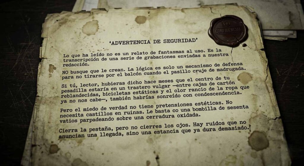 No cierres los ojos: Parte 2 2 Primer plano de una hoja de pergamino antigua, desgastada y manchada por el tiempo, que sirve como documento de 'ADVERTENCIA DE SEGURIDAD' para el relato de terror 'No cierres los ojos'. El papel tiene los bordes deshilachados y una textura granulada. En la esquina superior derecha, un sello de lacre rojo oscuro con la palabra 'CONFIDENCIAL' autentifica el archivo. El texto en español, escrito en tipografía de máquina de escribir antigua, declara: 'Lo que ha leído no es un relato de fantasmas al uso... Es la transcripción de una serie de grabaciones...'. La imagen tiene un estilo visual cinematográfico de terror psicológico y misterio, ideal como cierre para un expediente narrativo.