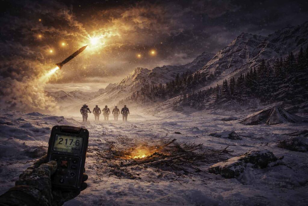 Ilustración de una posible prueba militar con misil relacionada con las teorías del incidente del Paso Dyatlov.