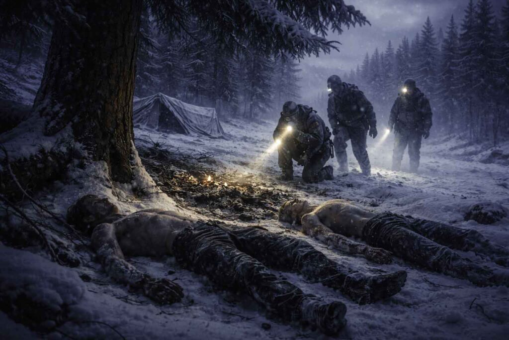 Escena del hallazgo de los primeros cuerpos de los excursionistas del Paso Dyatlov junto a una fogata en el bosque.