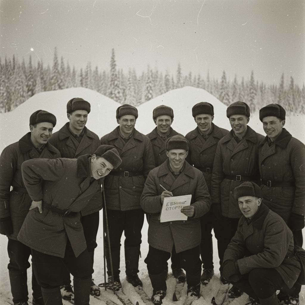 Fotografía histórica en blanco y negro de un grupo de excursionistas soviéticos posando en la nieve con ropa de invierno y esquís.