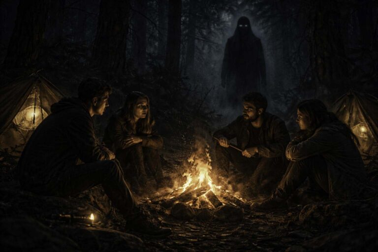 El bosque de Aram: el lugar donde las voces nunca regresan 3 Cuatro jóvenes alrededor de una fogata en un bosque oscuro mientras una figura inquietante observa entre los árboles