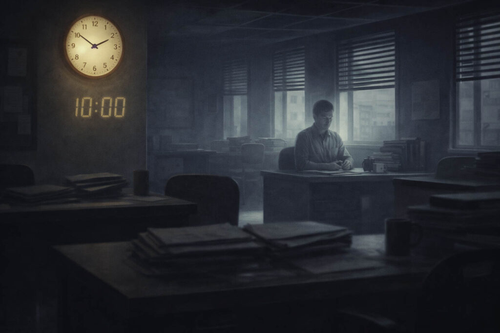 Aparición misteriosa de un hombre en una oficina que desaparece a las diez de la mañana, ilustración de relato paranormal.