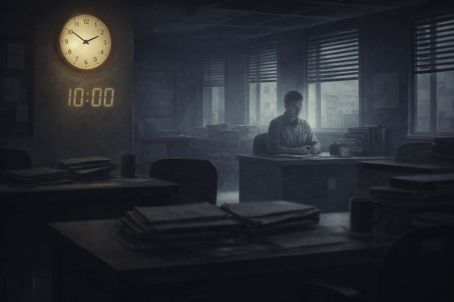 El compañero que terminaba a las 10:00 1 Aparición misteriosa de un hombre en una oficina que desaparece a las diez de la mañana, ilustración de relato paranormal.