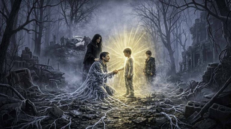 Hombre arrodillado en un bosque con niebla, desvaneciéndose en estática mientras toca la mano de un niño hecho de luz brillante. Al fondo, se observa la escena de un accidente de coche y una mujer de luto. Ilustración de misterio para el final del relato 'Entre el Dolor y la Luz'