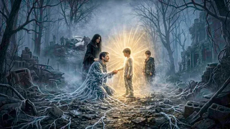 Hombre arrodillado en un bosque con niebla, desvaneciéndose en estática mientras toca la mano de un niño hecho de luz brillante. Al fondo, se observa la escena de un accidente de coche y una mujer de luto. Ilustración de misterio para el final del relato 'Entre el Dolor y la Luz'