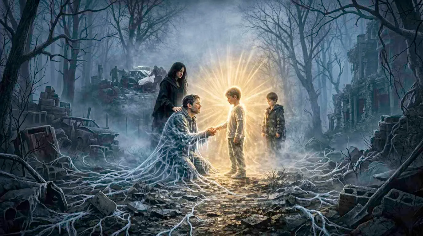Hombre arrodillado en un bosque con niebla, desvaneciéndose en estática mientras toca la mano de un niño hecho de luz brillante. Al fondo, se observa la escena de un accidente de coche y una mujer de luto. Ilustración de misterio para el final del relato 'Entre el Dolor y la Luz'