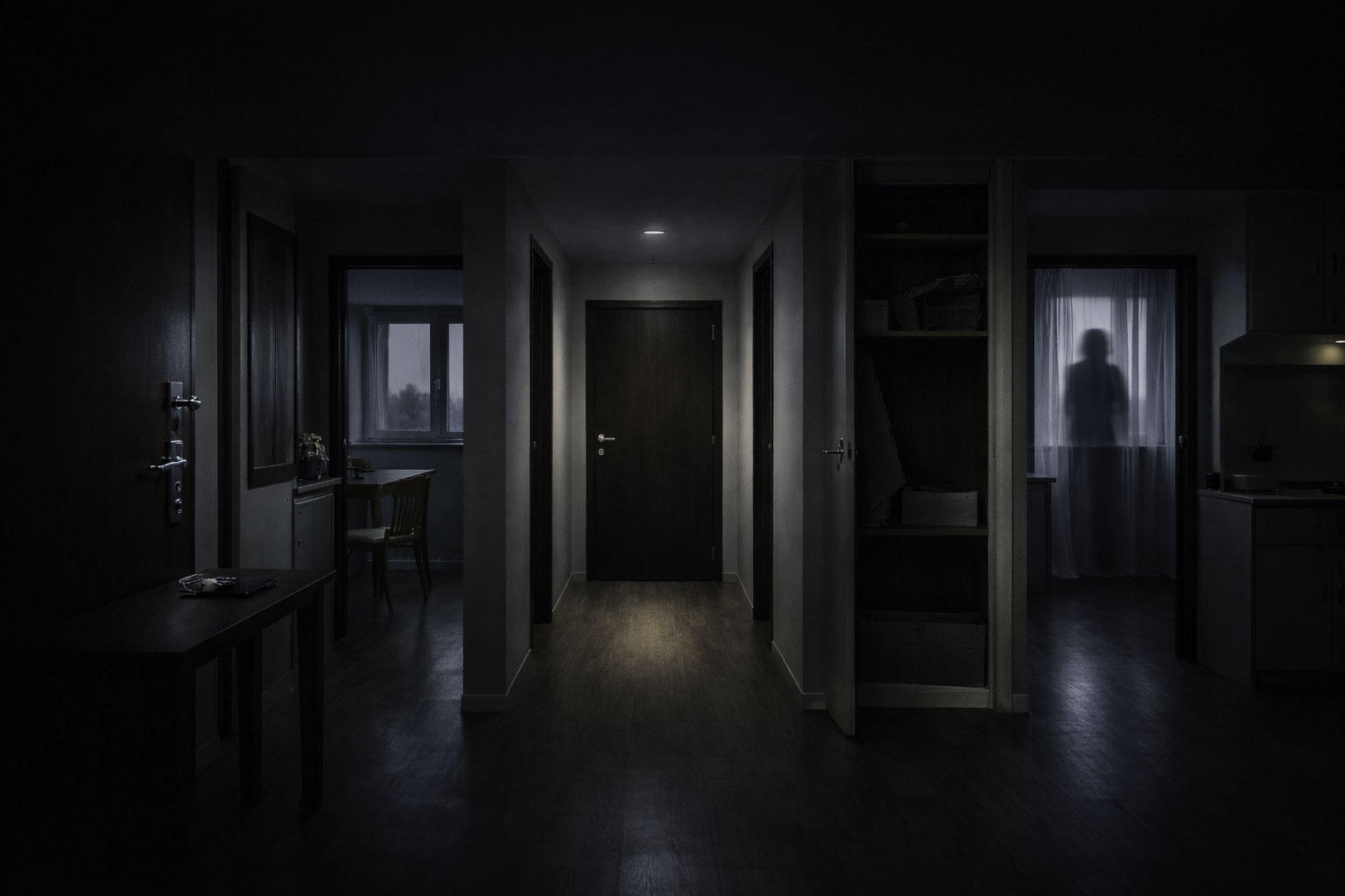 Interior de vivienda en penumbra con una figura tras una cortina que sugiere intrusión en el hogar