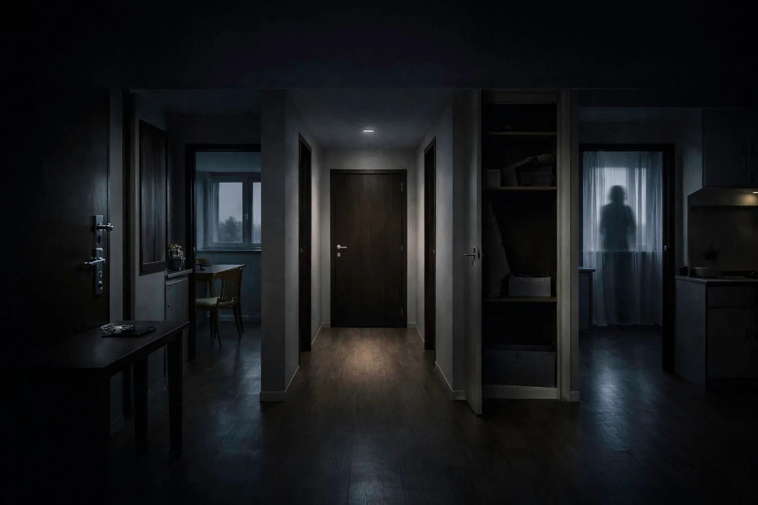 Interior de vivienda en penumbra con una figura tras una cortina que sugiere intrusión en el hogar