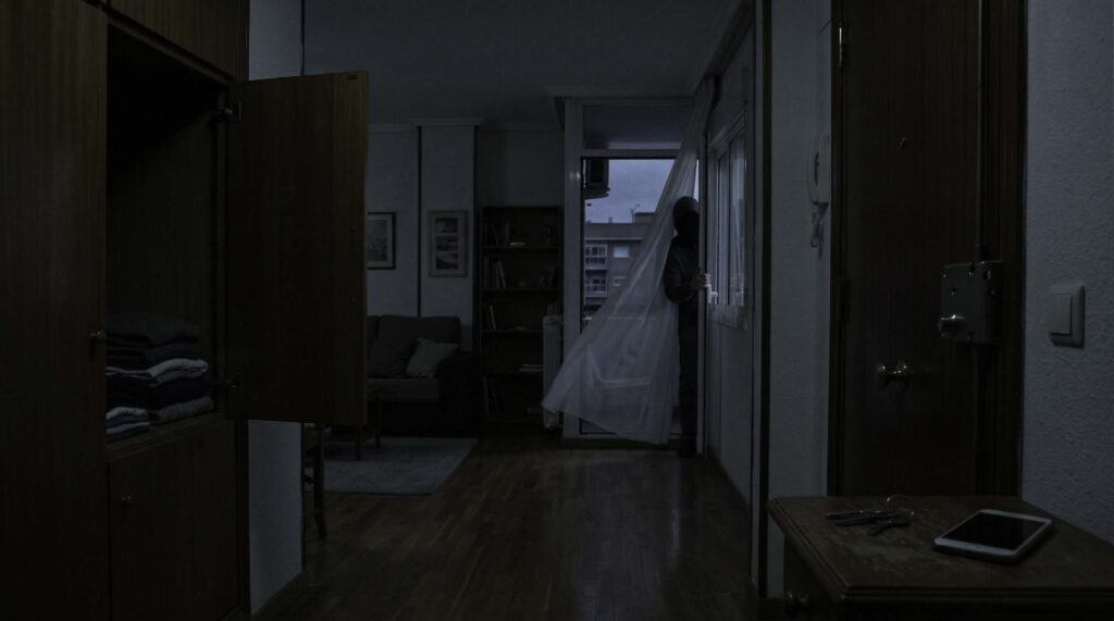 Interior de vivienda con una figura humana tras una cortina junto a la ventana, escena de suspense psicológico que sugiere intrusión confirmada en el hogar.