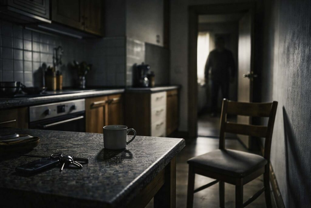 Imagen de un pasillo doméstico al atardecer con una figura humana semivelada detrás de una cortina junto a una ventana, en una escena de suspense psicológico que sugiere intrusión en el hogar.