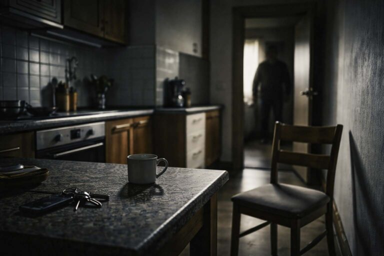 Imagen de un pasillo doméstico al atardecer con una figura humana semivelada detrás de una cortina junto a una ventana, en una escena de suspense psicológico que sugiere intrusión en el hogar.