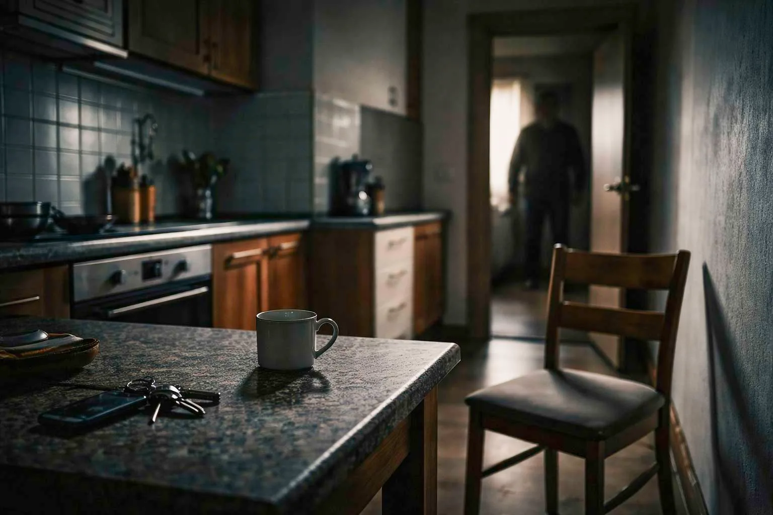 Imagen de un pasillo doméstico al atardecer con una figura humana semivelada detrás de una cortina junto a una ventana, en una escena de suspense psicológico que sugiere intrusión en el hogar.