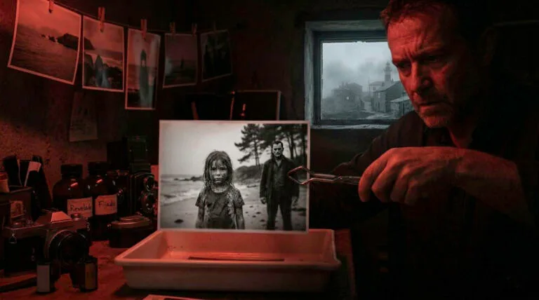 Fotógrafo revelando negativo en cuarto oscuro bajo luz roja, thriller La memoria del barro.