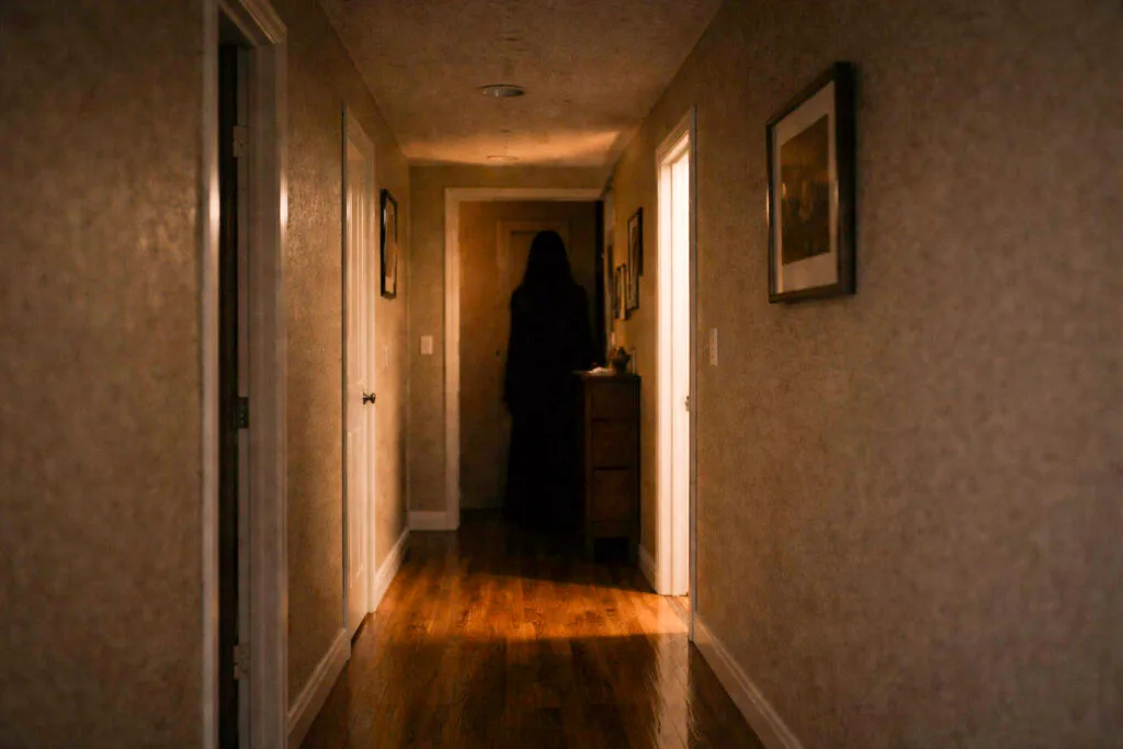 Pasillo de una vivienda con poca luz y una silueta oscura al fondo