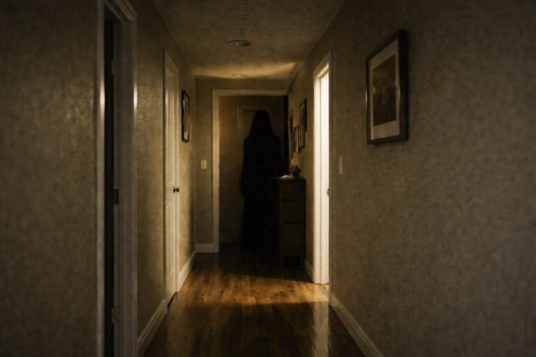 Pasillo de una vivienda con poca luz y una silueta oscura al fondo