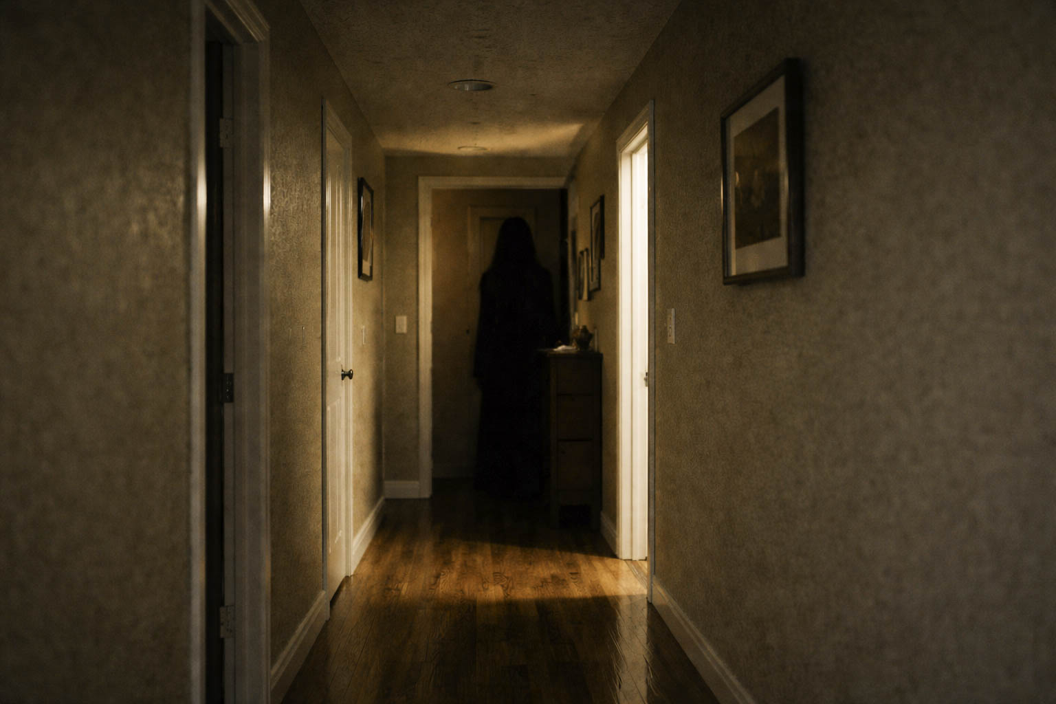 Pasillo de una vivienda con poca luz y una silueta oscura al fondo