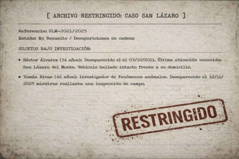 La última fecha 3 Documento oficial envejecido con el encabezado Archivo Restringido Caso San Lázaro, detallando las desapariciones de Héctor Álvarez y Tomás Rivas, con un sello rojo de RESTRINGIDO en la esquina inferior.