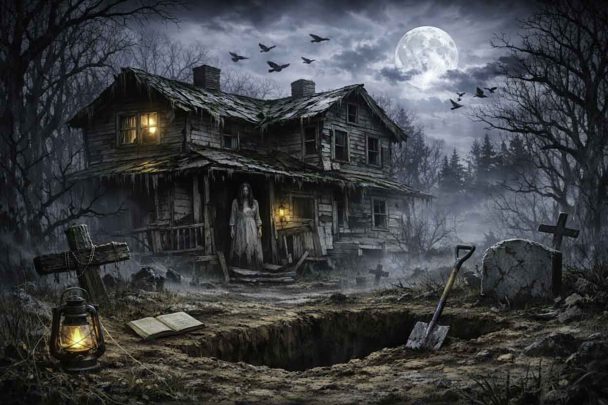 La última fecha 1 Ilustración de casa antigua abandonada con cementerio de lápidas y una fosa abierta en primer plano, estilo expediente de terror y misterio.
