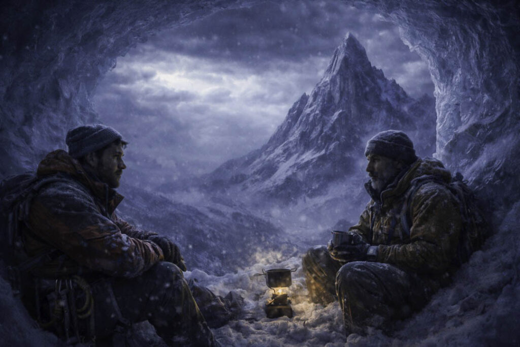 Montañeros resguardándose del frío en una cueva de nieve mientras la tormenta arrecia fuera