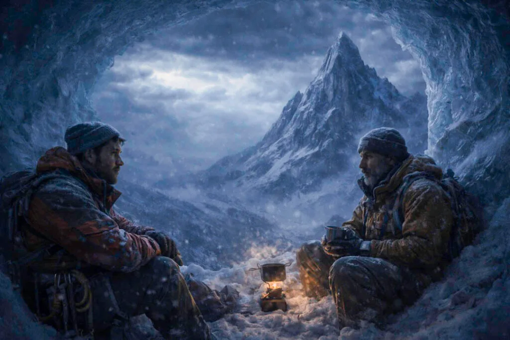 Montañeros resguardándose del frío en una cueva de nieve mientras la tormenta arrecia fuera