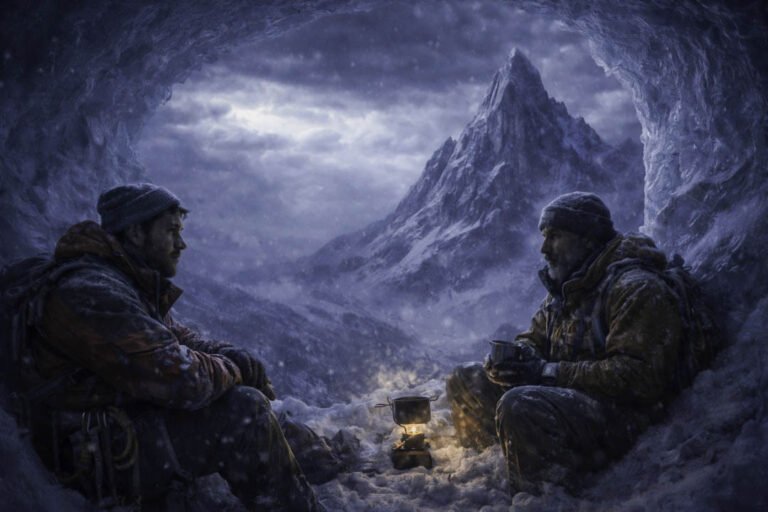 Montañeros resguardándose del frío en una cueva de nieve mientras la tormenta arrecia fuera