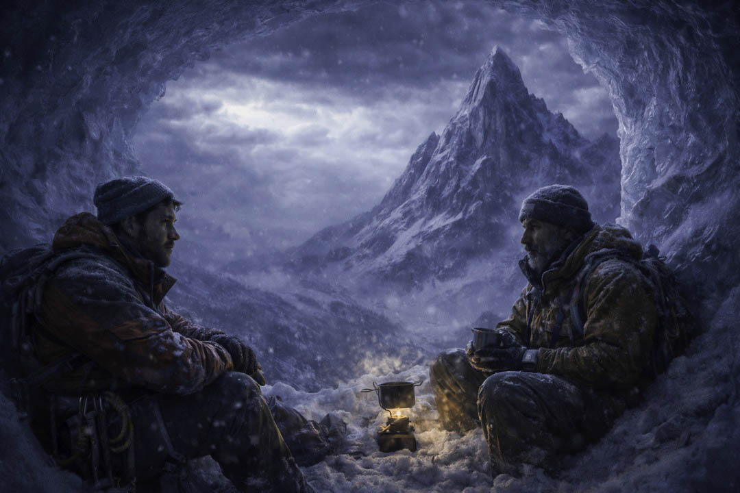 Montañeros resguardándose del frío en una cueva de nieve mientras la tormenta arrecia fuera