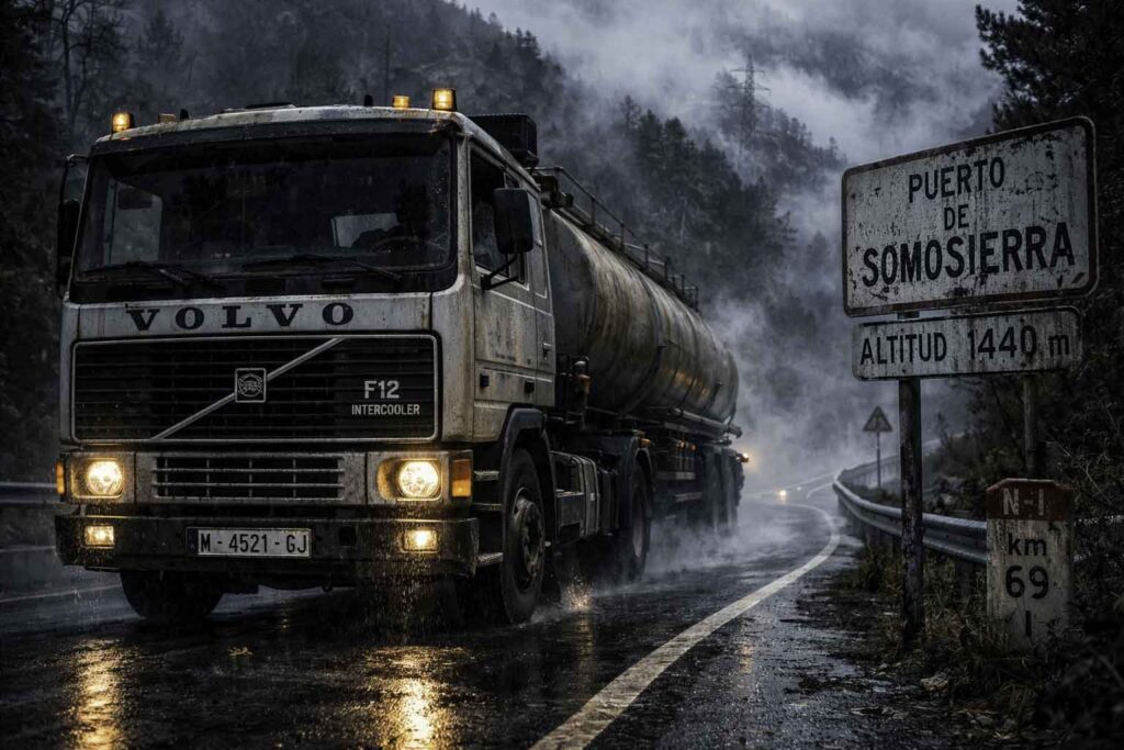 El misterio del niño de Somosierra 3 Camión Volvo F12 circulando por el puerto de Somosierra con niebla, recreación del vehículo implicado en el accidente de 1986.