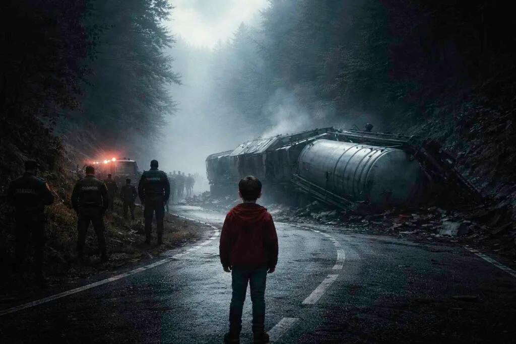 Recreación del accidente del camión cisterna en el puerto de Somosierra en 1986 relacionado con la misteriosa desaparición del niño.