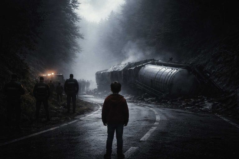 Recreación del accidente del camión cisterna en el puerto de Somosierra en 1986 relacionado con la misteriosa desaparición del niño.