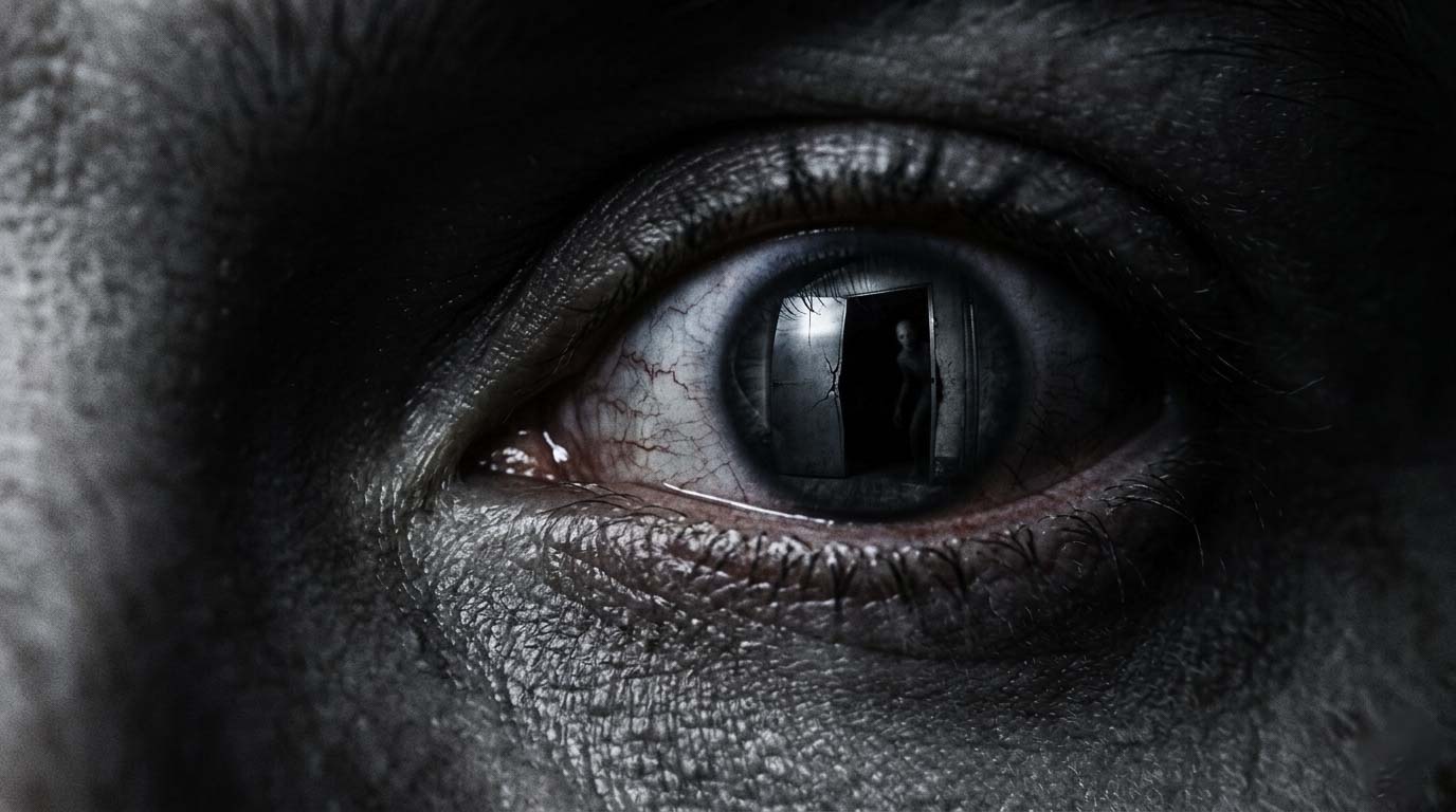 Hombre mirando bajo la cama en la oscuridad mientras una presencia lo observa desde abajo