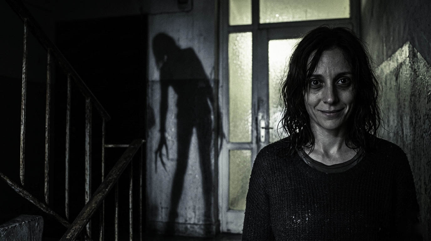 No cierres los ojos: Parte 2 1 Imagen cinematográfica en formato 16:9 que sirve de portada para la Parte II (El Desenlace) del relato de terror "No cierres los ojos". Muestra un primer plano medio de Mayte, la coprotagonista, de pie en un portal de edificio antiguo y oscuro. Ella está muy cerca de la cámara, mirando directamente al espectador con una sonrisa pequeña, íntima y extrañamente amable que contrasta con la oscuridad circundante. La iluminación es Chiaroscuro fría, proveniente de un cristal esmerilado detrás de ella. Detrás de Mayte, proyectada en la pared de hormigón, se ve su sombra desfasada: una silueta grotescamente inclinada, más alta y con extremidades largas y afiladas que no coinciden con su cuerpo erguido. Atmósfera opresiva de terror psicológico contemporáneo.