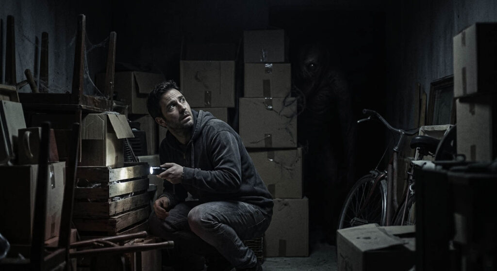 Imagen cinematográfica en formato 16:9 que sirve de portada para la Parte I del relato de terror "No cierres los ojos". Muestra un plano detalle medio de Andrés, el protagonista, de espaldas, descendiendo por la estrecha y lúgubre escalera de hormigón hacia el sótano de trasteros. La iluminación es precaria, proveniente de un fluorescente parpadeante en el pasillo inferior, creando sombras alargadas y opresivas. Al fondo, la puerta del trastero número 47 está ligeramente entornada, revelando una oscuridad compacta y amenazante. Atmósfera claustrofóbica de suspense doméstico.