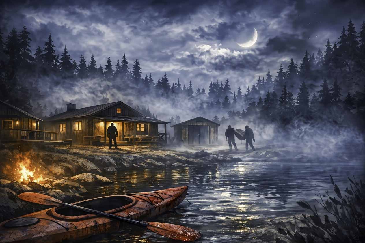 Cabañas iluminadas junto al río en una noche brumosa