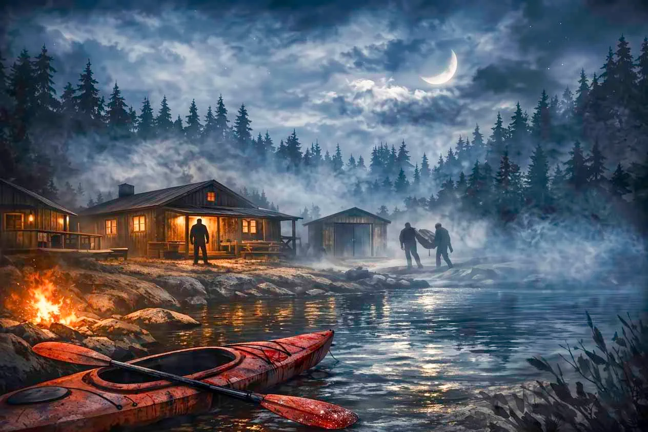 Cabañas iluminadas junto al río en una noche brumosa