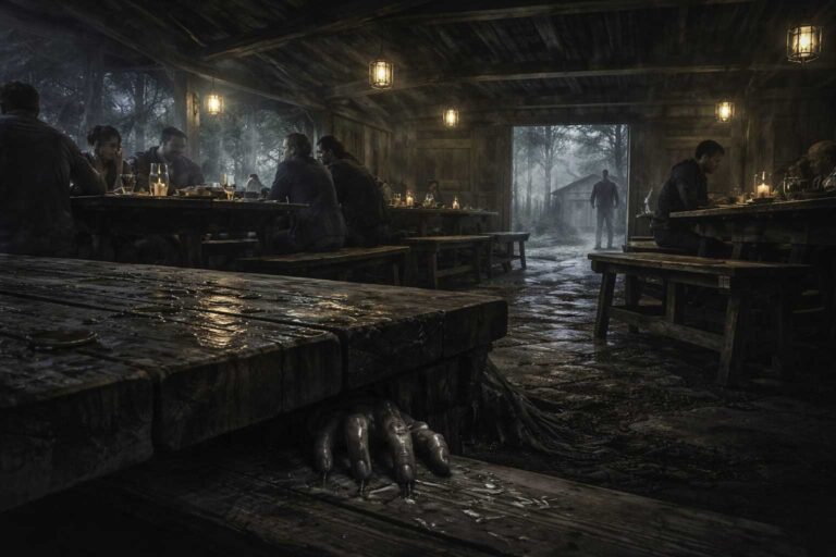 Comedor nocturno del Campamento Río Muerto visto desde el suelo: una mano húmeda e insinuada toca la pierna de la narradora; mesas con platos, comensales desenfocados y una mujer con sonrisa inquietante observando desde las sombras.