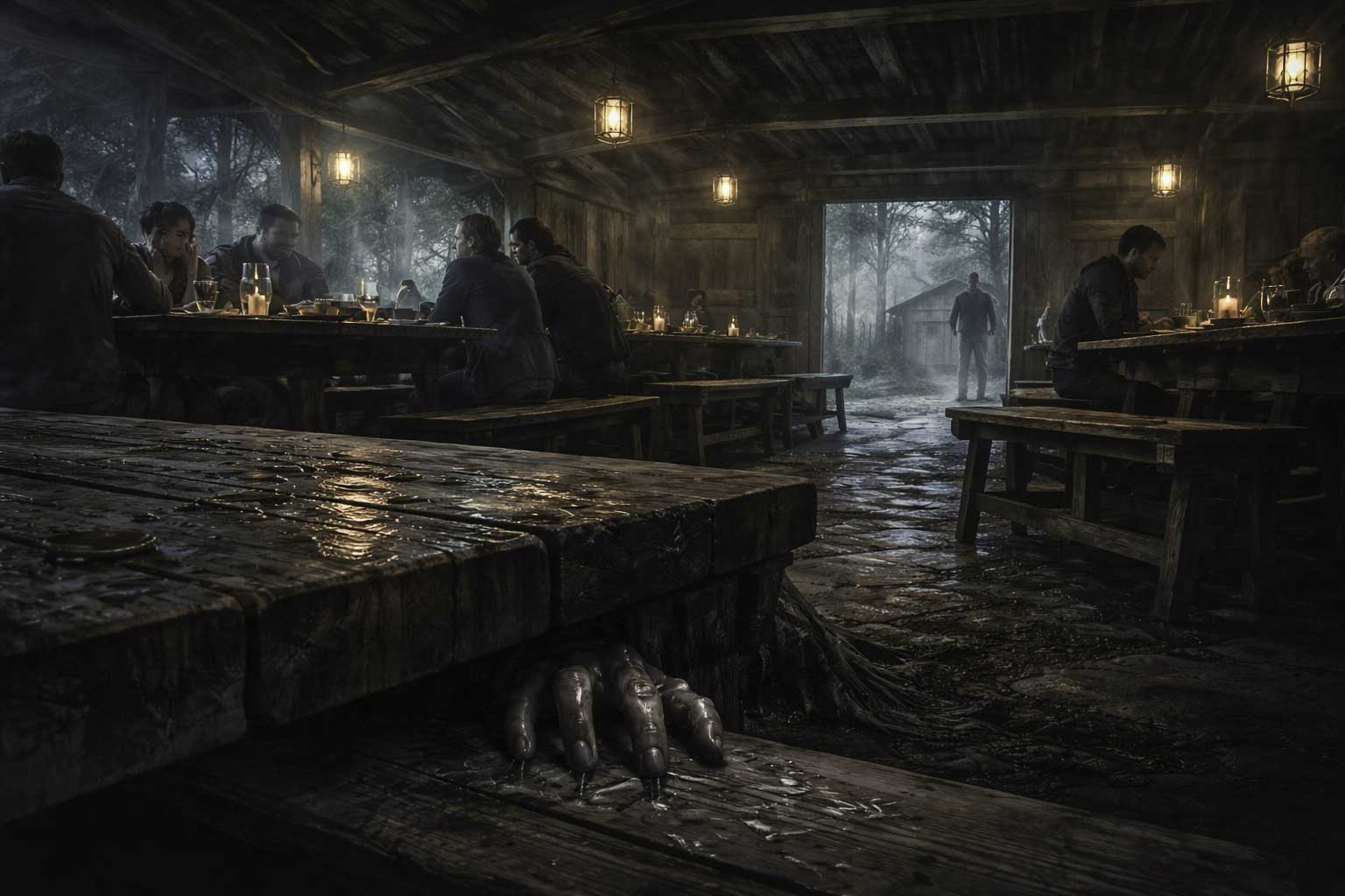 Comedor nocturno del Campamento Río Muerto visto desde el suelo: una mano húmeda e insinuada toca la pierna de la narradora; mesas con platos, comensales desenfocados y una mujer con sonrisa inquietante observando desde las sombras.