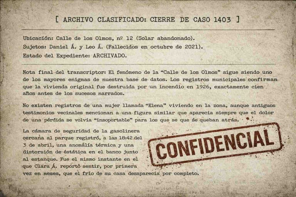 Entre el dolor y la luz: Capítulo 4 2 Informe de cierre de caso 1403 mecanografiado sobre papel viejo con sello rojo de CONFIDENCIAL. Documento final del expediente Entre el Dolor y la Luz.
