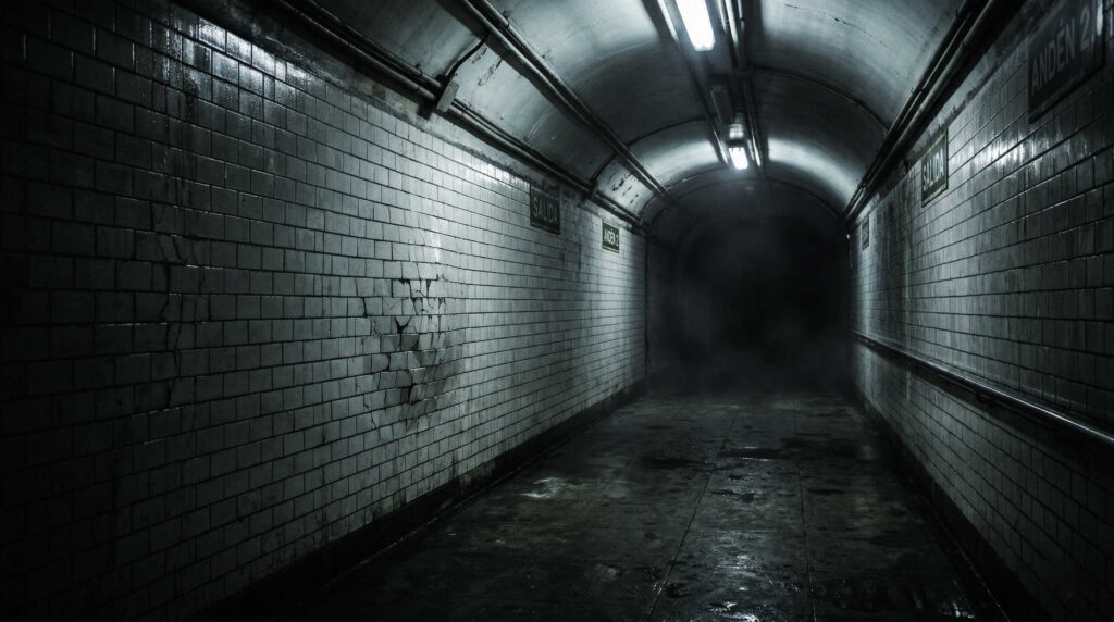 Pasillo subterráneo de metro vacío, de noche, con azulejos húmedos, luz fluorescente fría y una atmósfera inquietante en una gran ciudad.
