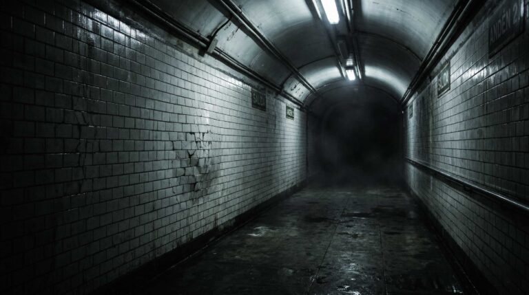 Pasillo subterráneo de metro vacío, de noche, con azulejos húmedos, luz fluorescente fría y una atmósfera inquietante en una gran ciudad.