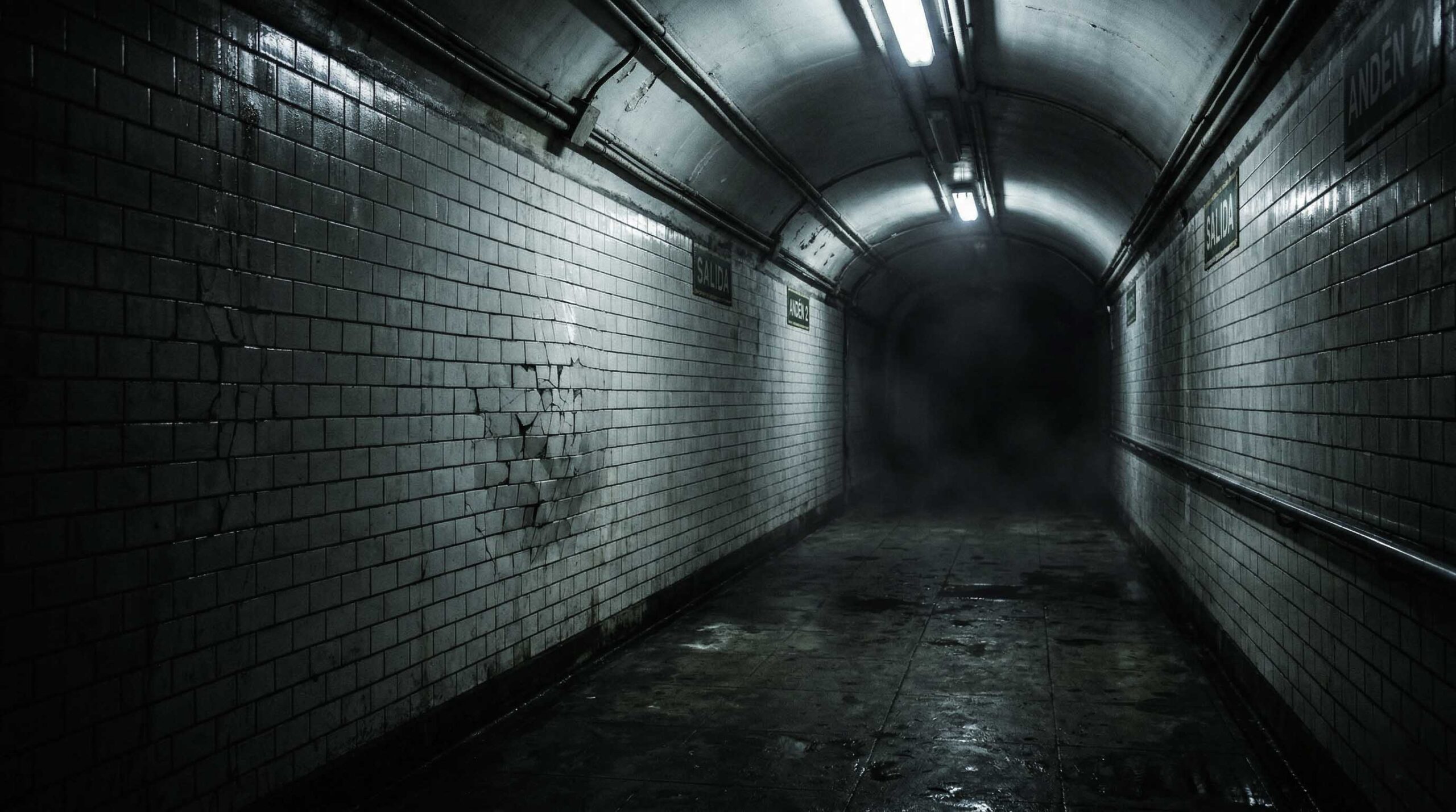 Pasillo subterráneo de metro vacío, de noche, con azulejos húmedos, luz fluorescente fría y una atmósfera inquietante en una gran ciudad.