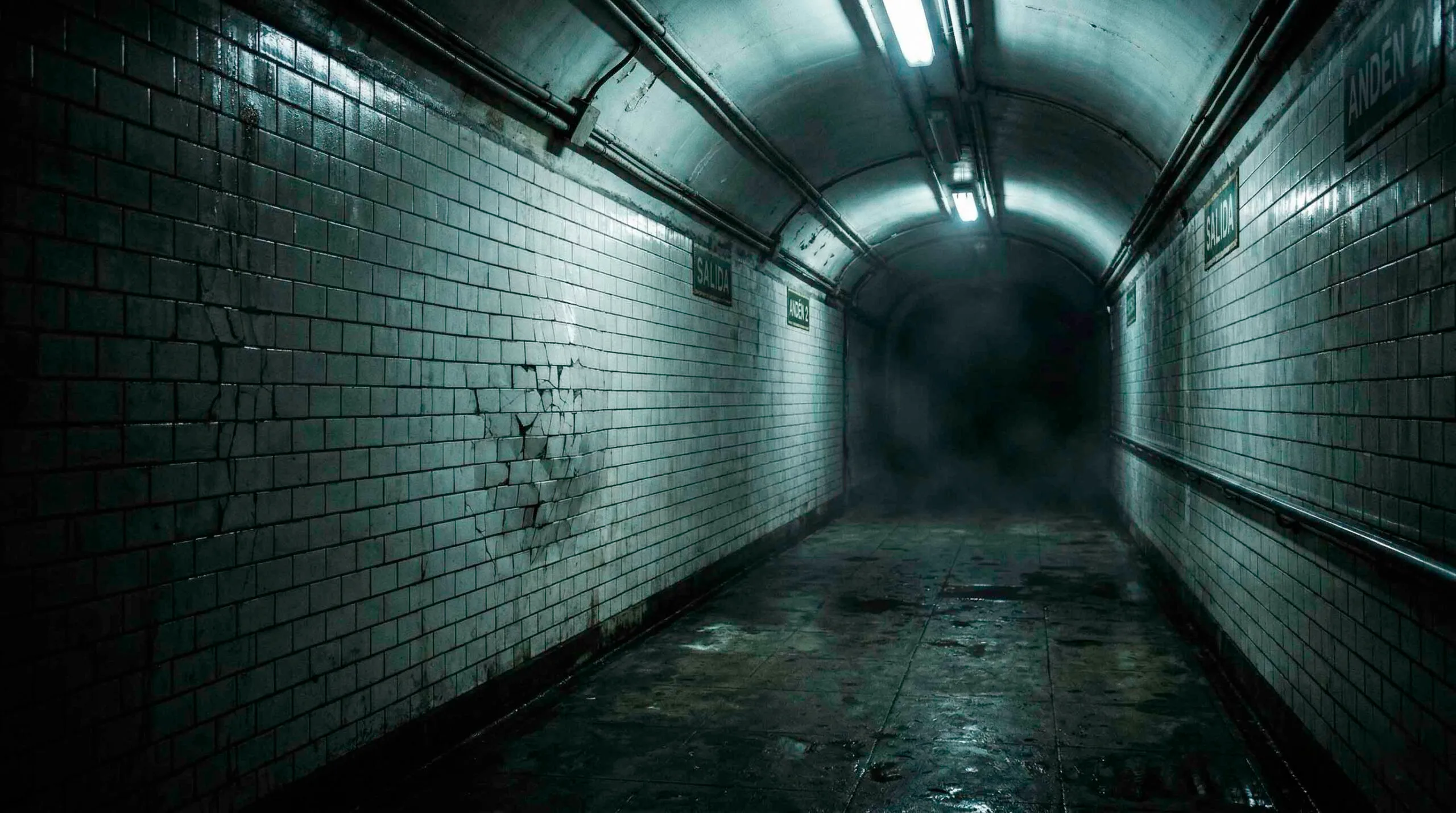 Pasillo subterráneo de metro vacío, de noche, con azulejos húmedos, luz fluorescente fría y una atmósfera inquietante en una gran ciudad.