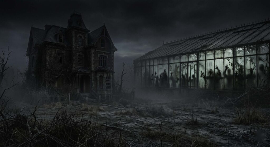 Finca victoriana abandonada con un gran invernadero de cristal opaco al fondo, rodeada de vegetación seca, niebla tenue y una atmósfera inquietante al amanecer.