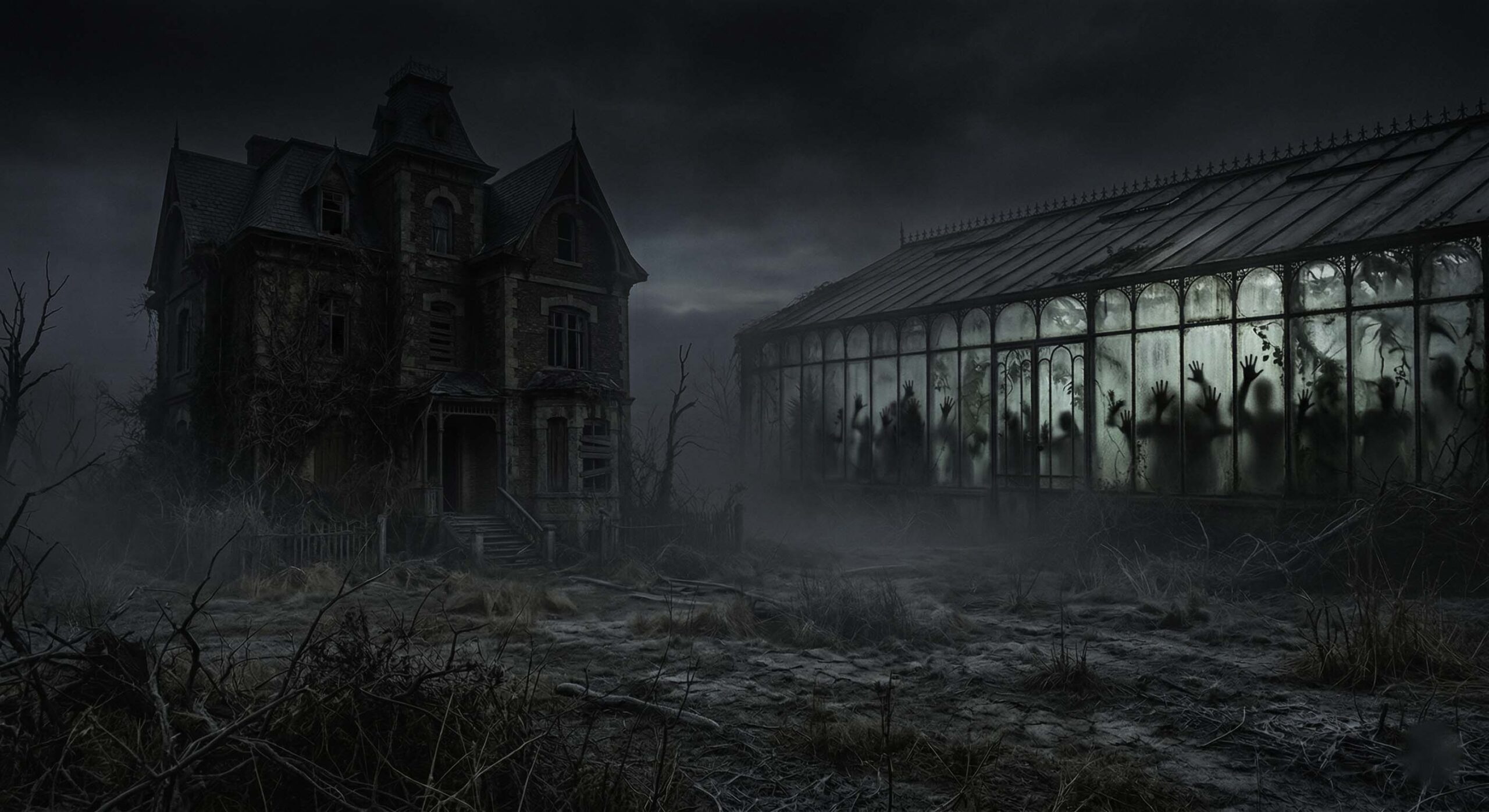 Finca victoriana abandonada con un gran invernadero de cristal opaco al fondo, rodeada de vegetación seca, niebla tenue y una atmósfera inquietante al amanecer.