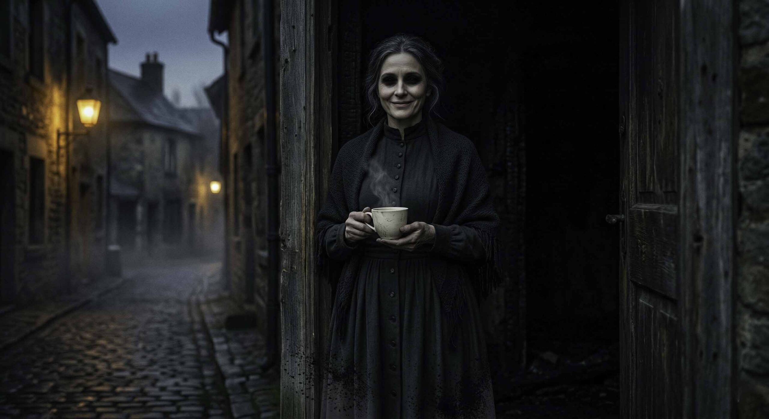 El pueblo que despierta cada 30 años 1 Plano medio de Elvira, una mujer de aspecto anticuado y pálido sonriendo en el umbral de una puerta de madera vieja. Sostiene una taza humeante. El interior tras ella está carbonizado y negro, mientras que la calle del pueblo está iluminada por faroles ámbar.