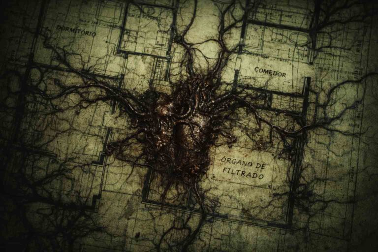 Excelente elección. Para el SEO y la accesibilidad en tu WordPress, lo mejor es una traducción que sea descriptiva pero mantenga esa "mandanga" atmosférica que hemos creado. Aquí tienes la traducción perfecta para el Texto Alternativo (Alt): "Fotografía en primer plano de un plano arquitectónico antiguo y amarillento que muta visualmente. Las líneas técnicas azules de la distribución de un apartamento se transforman en venas humanas negras y tejido muscular que se extiende por el papel agrietado. En el centro del plano, una sección anatómica dibujada a mano está etiquetada como 'ÓRGANO DE FILTRADO' con una caligrafía precisa pero temblorosa, cubierta de sangre seca de aspecto metálico. Una iluminación verde cinematográfica de una bombilla defectuosa proyecta sombras duras, creando una estética de terror analógico